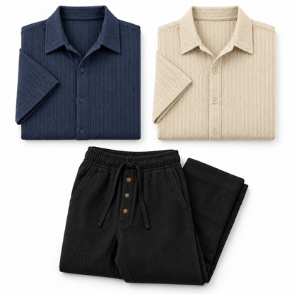 Kit Urbano — Polo Corte Slim Azul Marino, Polo Corte Slim Caqui, Pantalón de Lino Negro