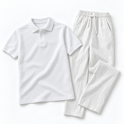 Dúo esencial polo piqué blanco y pantalón algodón-lino blanco, piezas juntas