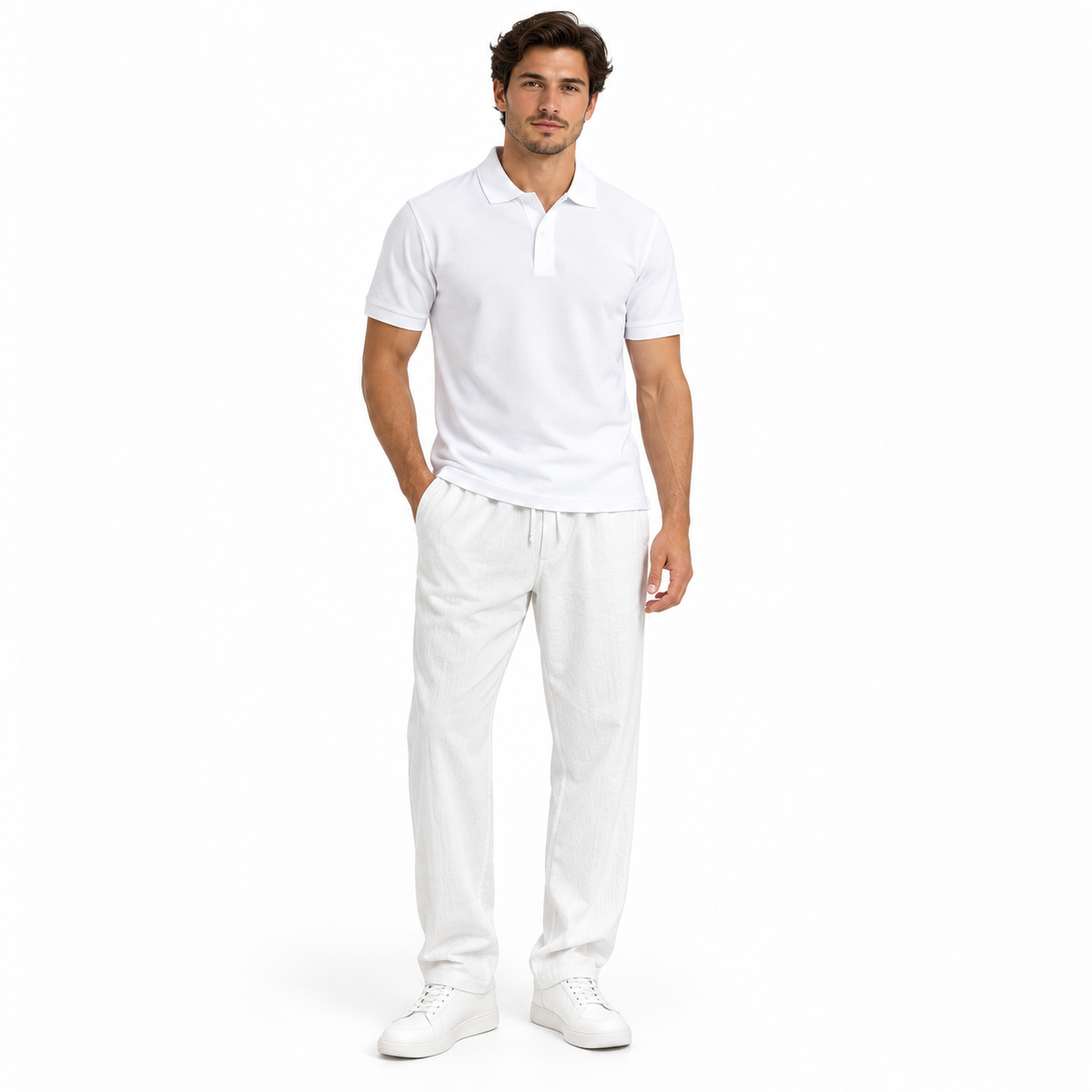 Dúo esencial polo piqué blanco y pantalón algodón-lino blanco, look completo