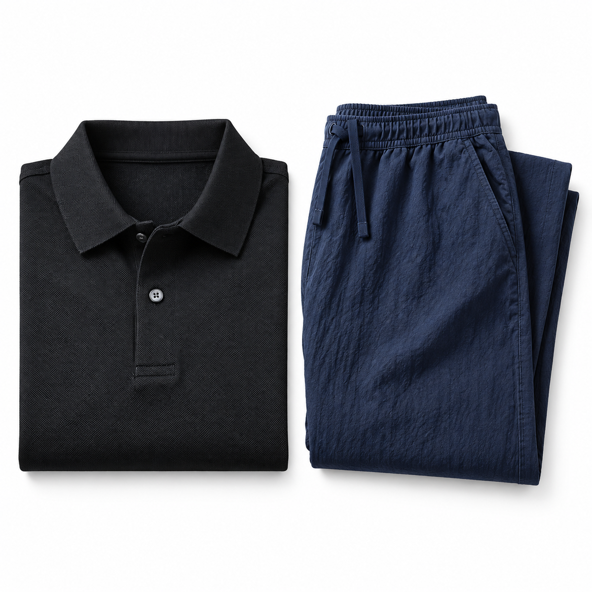 Kit Barrio — Polo Piqué Básico Negro, Pantalón Algodón-Lino Ligero Azul Marino