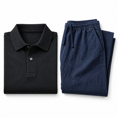 Kit Barrio — Polo Piqué Básico Negro, Pantalón Algodón-Lino Ligero Azul Marino