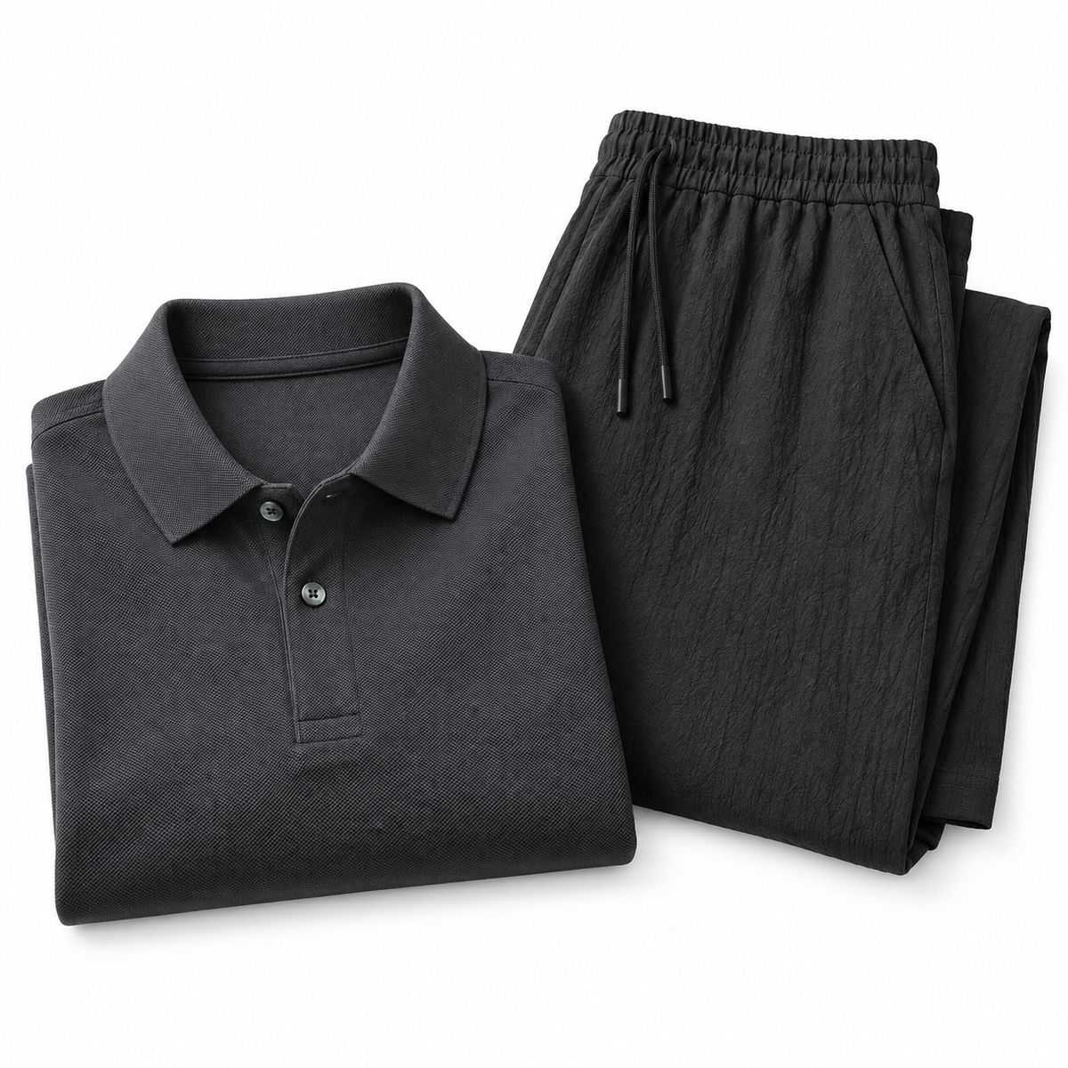 Kit Mercado — Polo Piqué Básico Gris Oscuro, Pantalón Algodón-Lino Ligero Negro