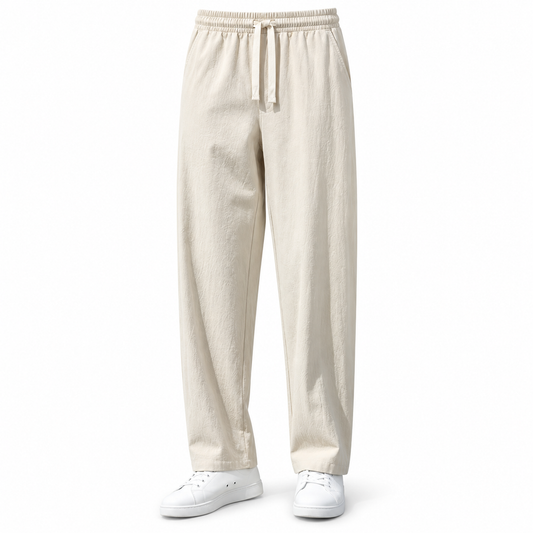 Luansky AI white product card — pantalon-algodon-hombre-corte-suelto-versatil