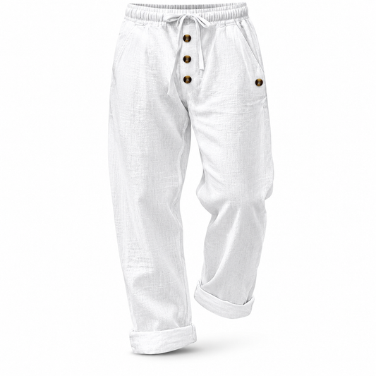 Luansky AI white product card — pantalon-lino-hombre-corte-suelto-7-colores