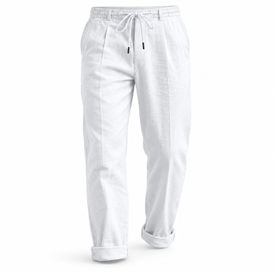 Luansky AI white product card — pantalon-lino-hombre-corte-suelto-8-colores