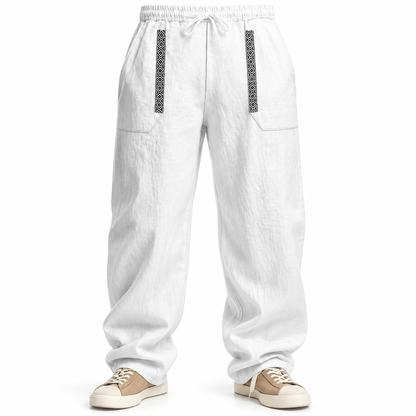 Luansky AI white product card — pantalon-lino-hombre-corte-suelto-esencial