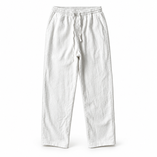 Luansky AI white product card — pantalon-lino-hombre-corte-suelto-tonos-oscuros