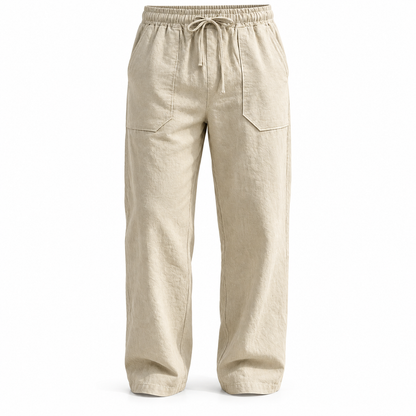 Luansky AI white product card — pantalon-lino-hombre-corte-suelto-tonos-tierra