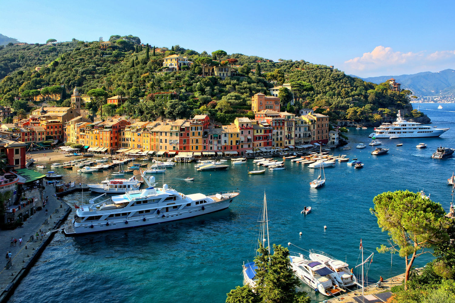 Vista aérea del puerto de Portofino con yates y casas de colores