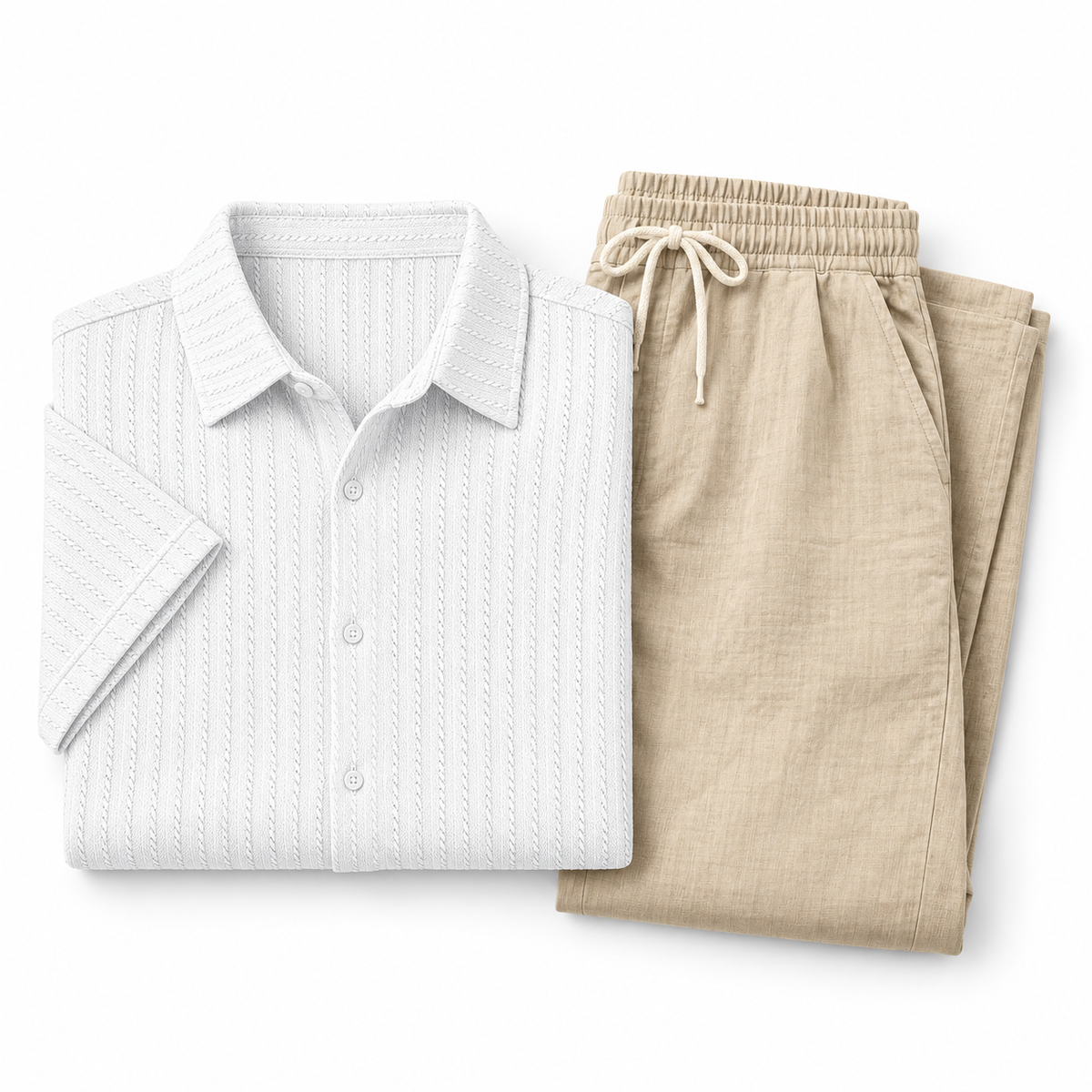 Kit Arena — Polo Corte Slim Blanco, Polo Corte Slim Caqui, Pantalón de Lino Beige