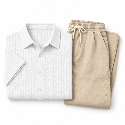 Kit Arena — Polo Corte Slim Blanco, Polo Corte Slim Caqui, Pantalón de Lino Beige