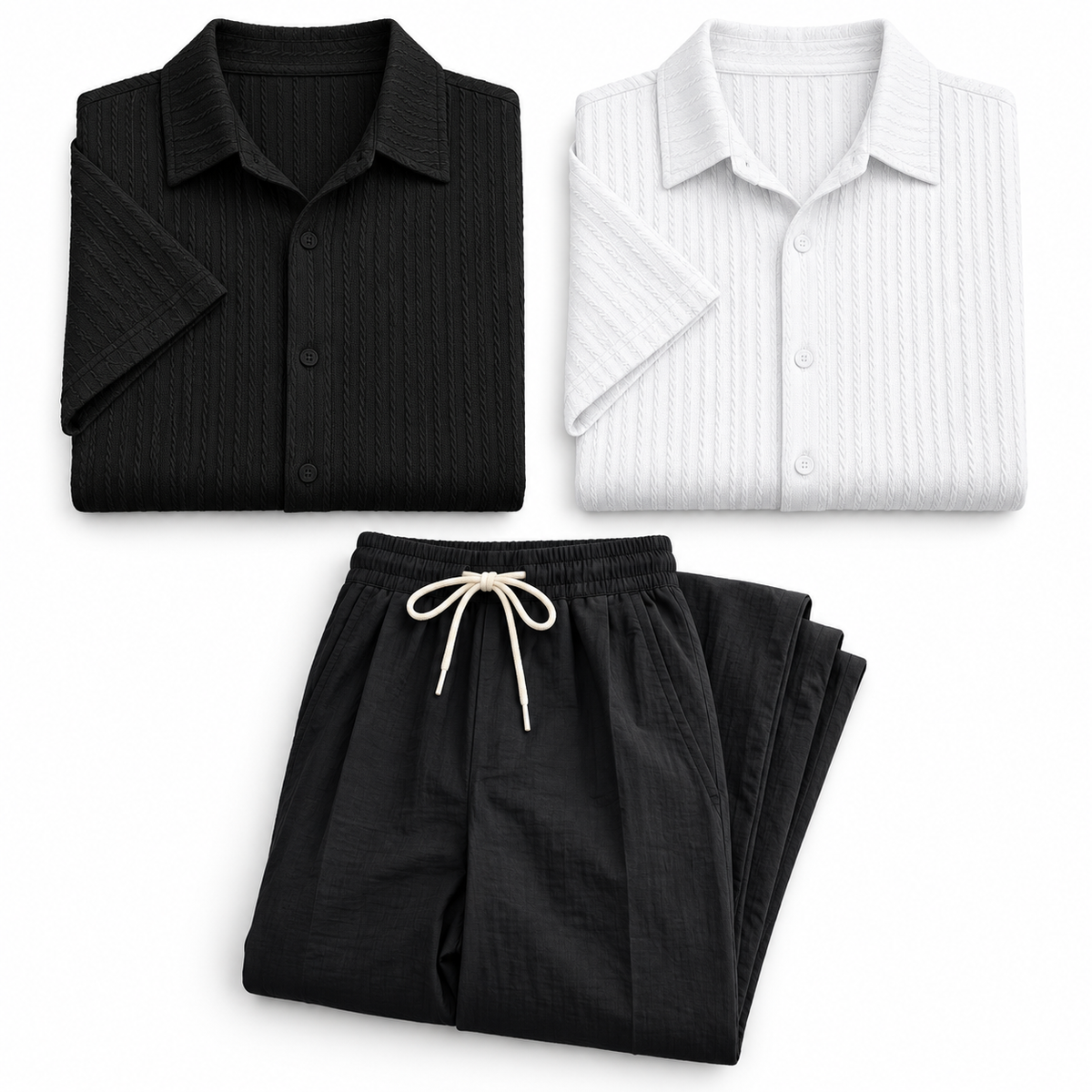 Kit Contorno — Polo Corte Slim Negro, Polo Corte Slim Blanco, Pantalón de Lino Negro