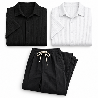 Kit Contorno — Polo Corte Slim Negro, Polo Corte Slim Blanco, Pantalón de Lino Negro
