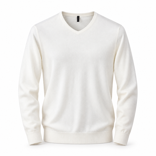 Luansky AI white product card — sweater-cashmere-hombre-cuello-v-manga-larga